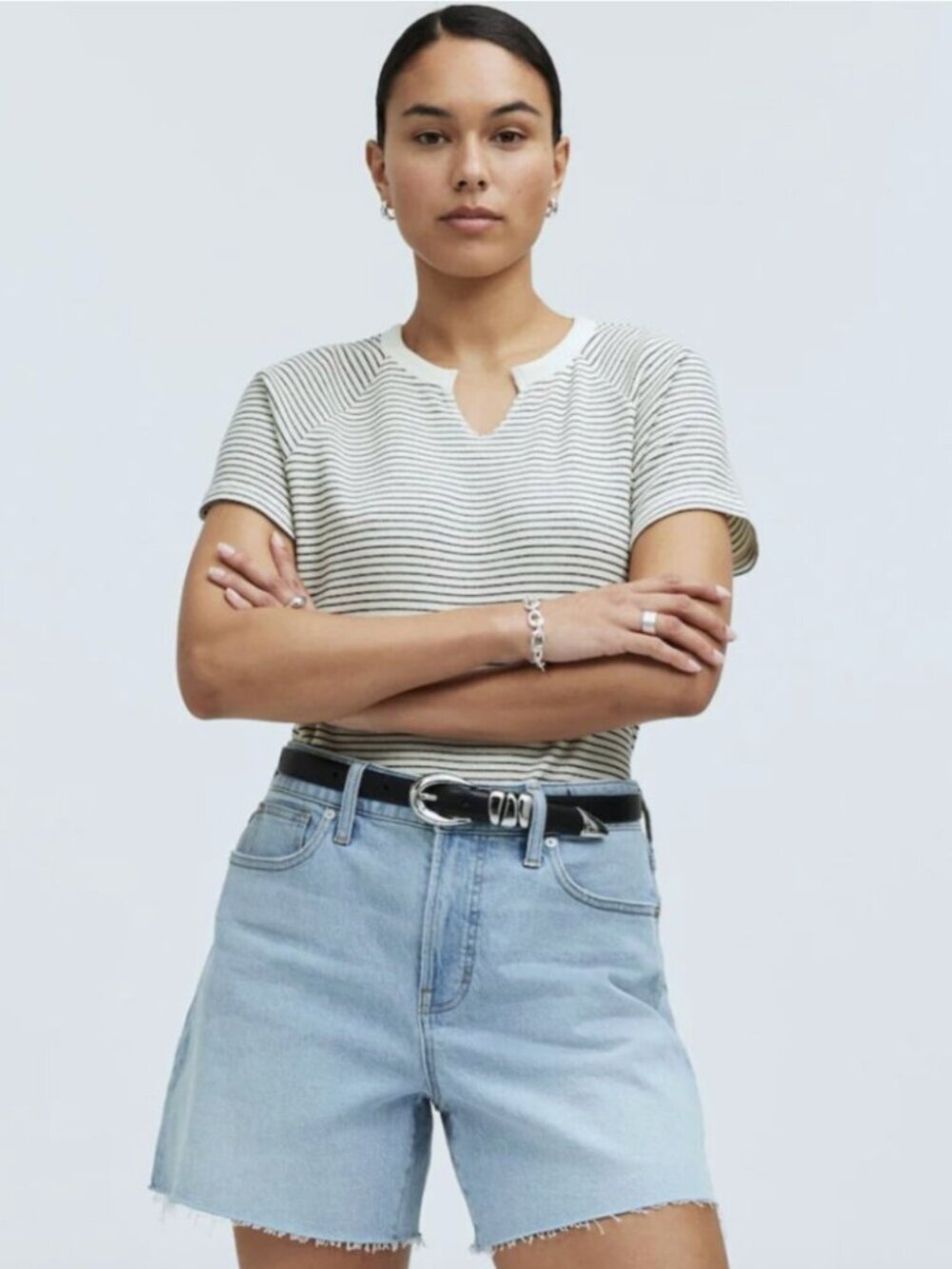 MADEWELL Splitneck Raglan-Sleeve Tee Stripe Antique Cream Small Preppy Minimal